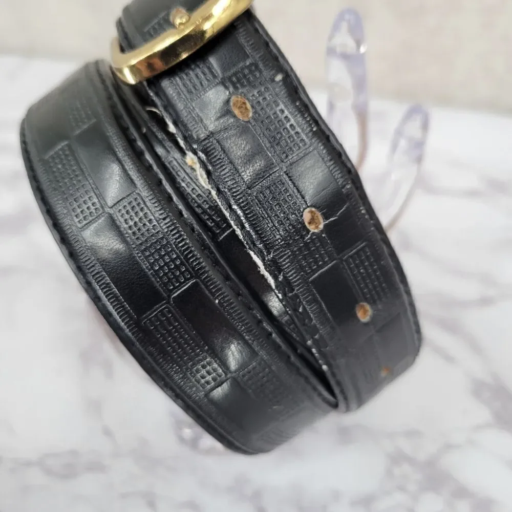 Men's Genuine Leather Black Checker Pattern Belt Brass Buckle Size 40